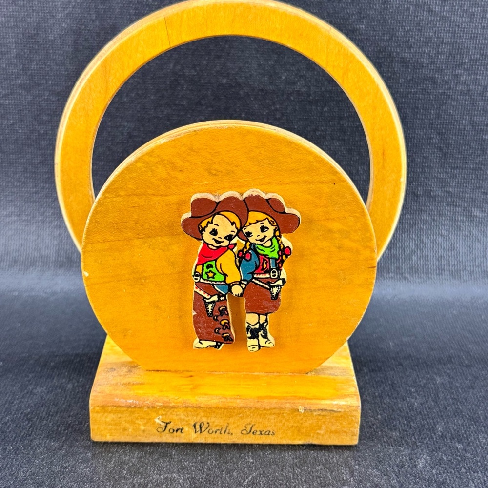 Vintage Wooden Cowboy Cowgirl Souvenir Napkin Holder Kitsch